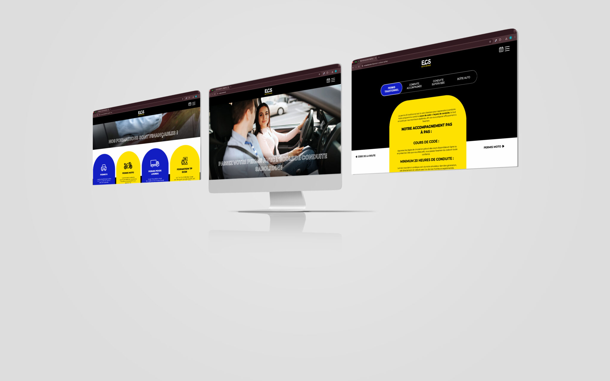 Ordinateur avec 3 vus du site internet ECS Auto école